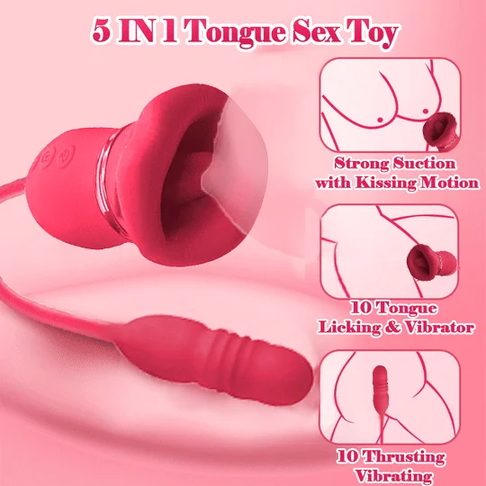 Big Mouth Rose Tongue Vibrator With Thrusting Dildo - Vibrador de clitóris formato de Boca e Vai e vem